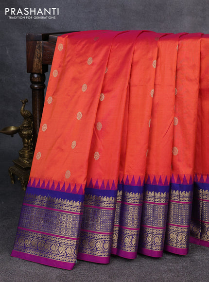 Narayanpet silk saree red and navy blue with allover zari woven buttas and temple design zari woven border