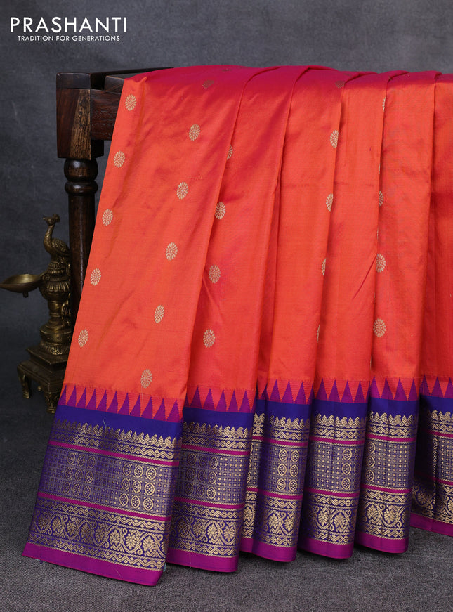 Narayanpet silk saree red and navy blue with allover zari woven buttas and temple design zari woven border