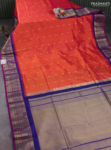 Narayanpet silk saree red and navy blue with allover zari woven buttas and temple design zari woven border