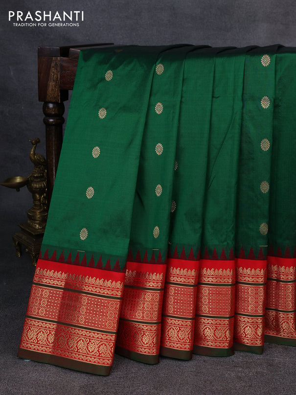 Narayanpet silk saree bottle green and red with allover zari woven buttas and temple design zari woven border