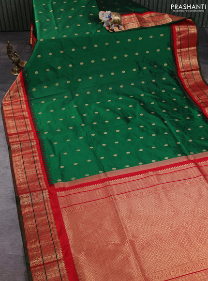 Narayanpet silk saree bottle green and red with allover zari woven buttas and temple design zari woven border