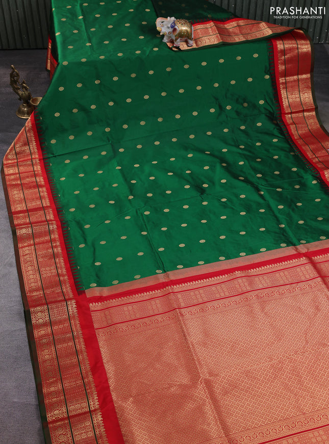 Narayanpet silk saree bottle green and red with allover zari woven buttas and temple design zari woven border
