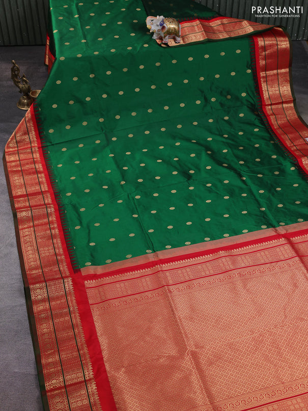 Narayanpet silk saree bottle green and red with allover zari woven buttas and temple design zari woven border