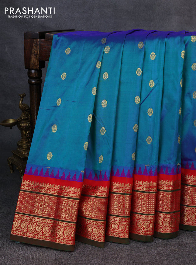 Narayanpet silk saree peacock blue and red with allover zari woven buttas and temple design zari woven border