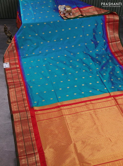 Narayanpet silk saree peacock blue and red with allover zari woven buttas and temple design zari woven border