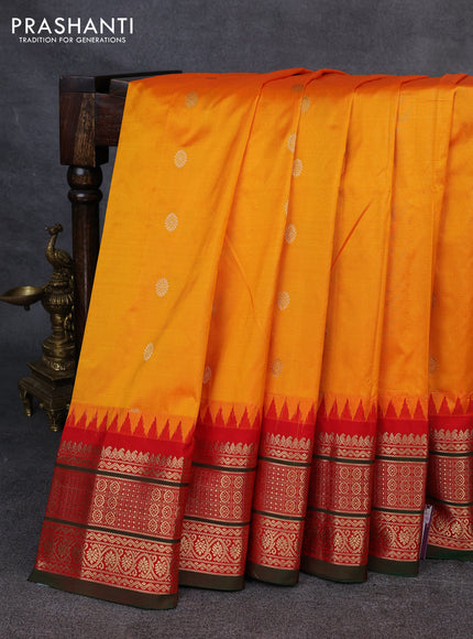 Narayanpet silk saree sunset orange and red with allover zari woven buttas and temple design zari woven border