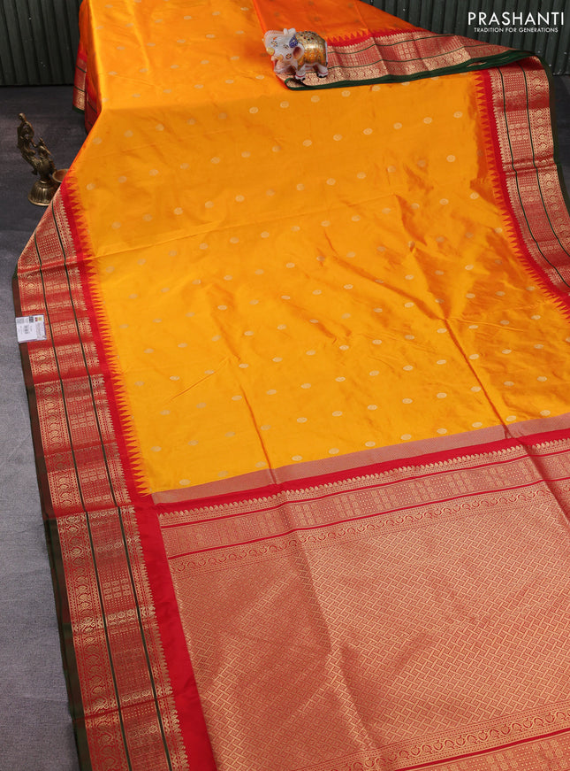 Narayanpet silk saree sunset orange and red with allover zari woven buttas and temple design zari woven border