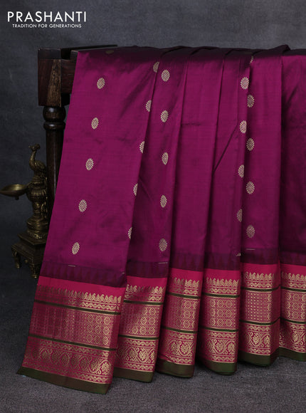Narayanpet silk saree dark magenta and red with allover zari woven buttas and temple design zari woven border