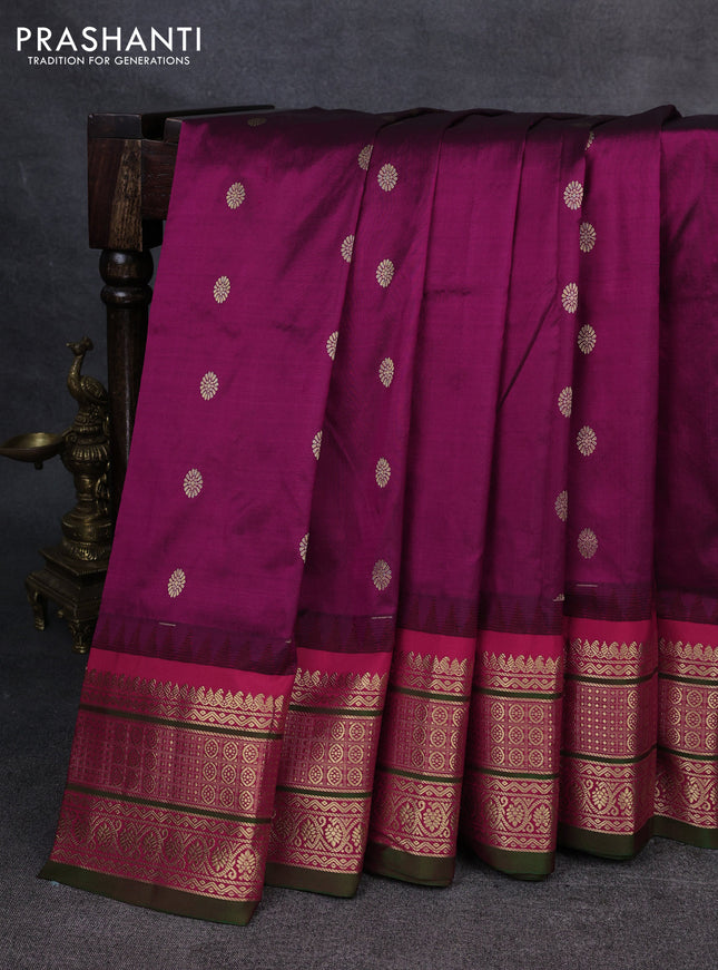 Narayanpet silk saree dark magenta and red with allover zari woven buttas and temple design zari woven border