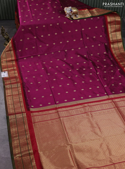 Narayanpet silk saree dark magenta and red with allover zari woven buttas and temple design zari woven border