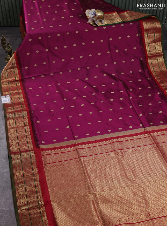 Narayanpet silk saree dark magenta and red with allover zari woven buttas and temple design zari woven border