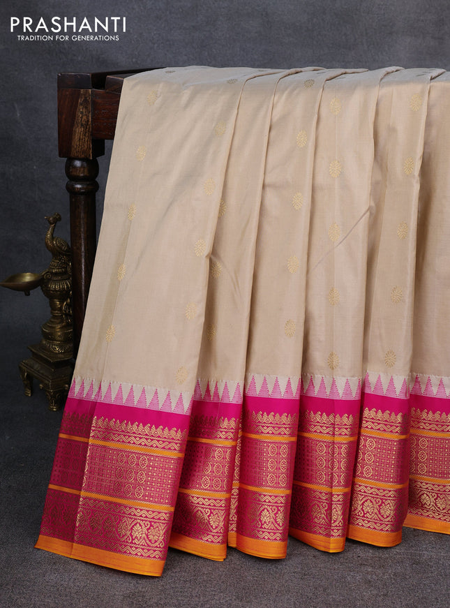 Narayanpet silk saree beige and pink with allover zari woven buttas and temple design zari woven border