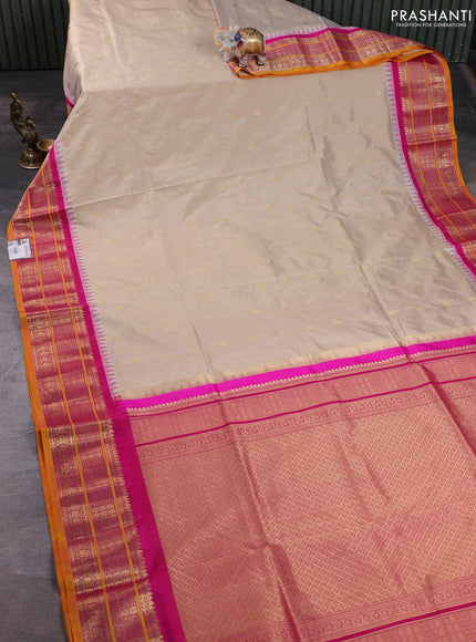 Narayanpet silk saree beige and pink with allover zari woven buttas and temple design zari woven border