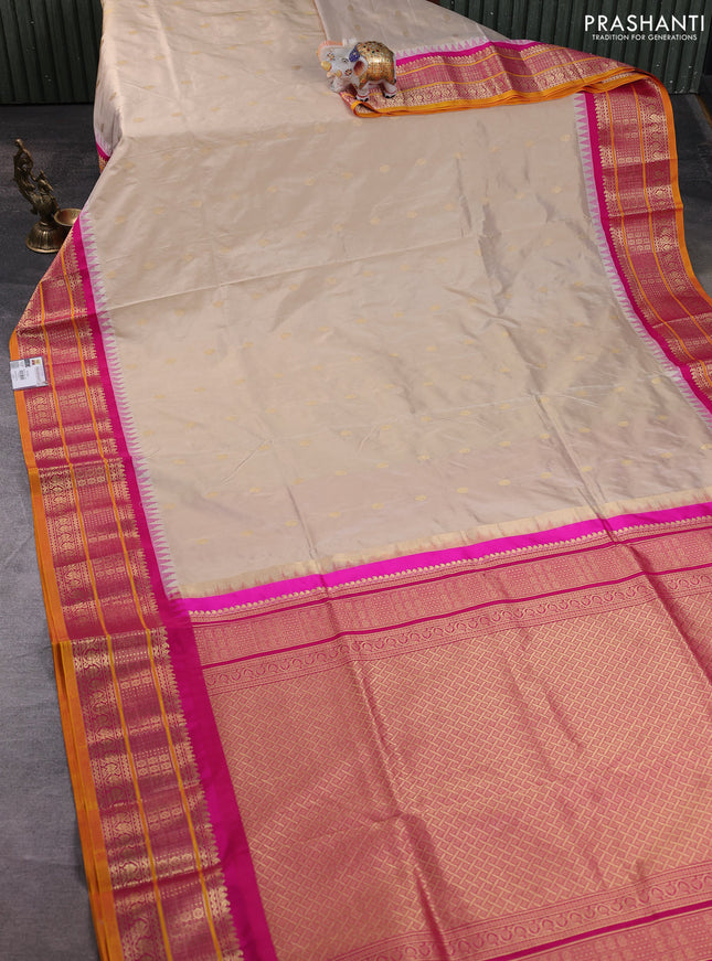 Narayanpet silk saree beige and pink with allover zari woven buttas and temple design zari woven border