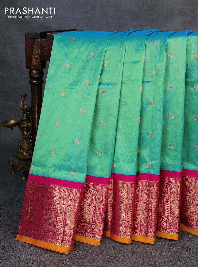 Narayanpet silk saree dual shade of teal green and pink with allover zari woven buttas and zari woven korvai border