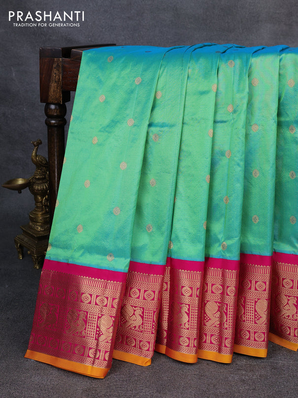 Narayanpet silk saree dual shade of teal green and pink with allover zari woven buttas and zari woven korvai border