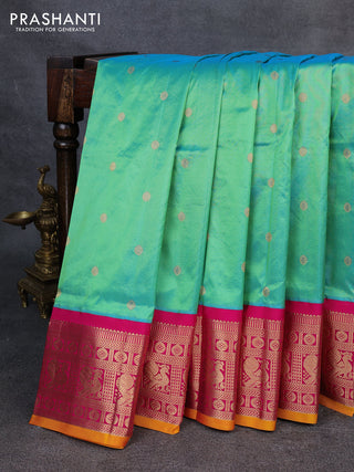 Narayanpet silk saree dual shade of teal green and pink with allover zari woven buttas and zari woven korvai border