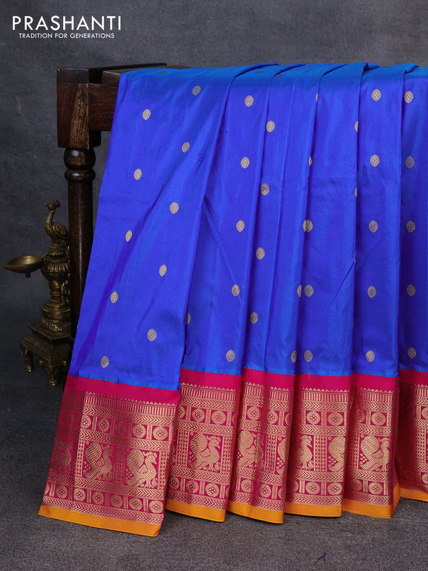Narayanpet silk saree blue and yellow with allover zari woven buttas and zari woven korvai border
