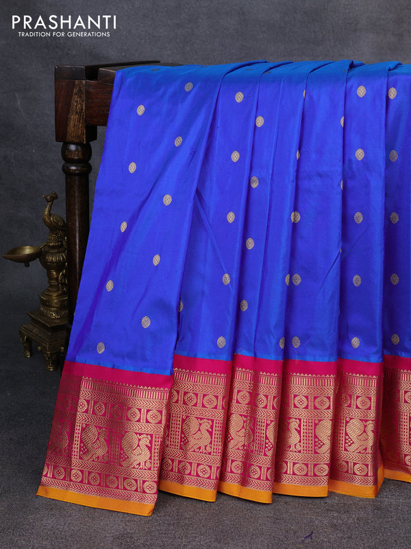 Narayanpet silk saree blue and yellow with allover zari woven buttas and zari woven korvai border