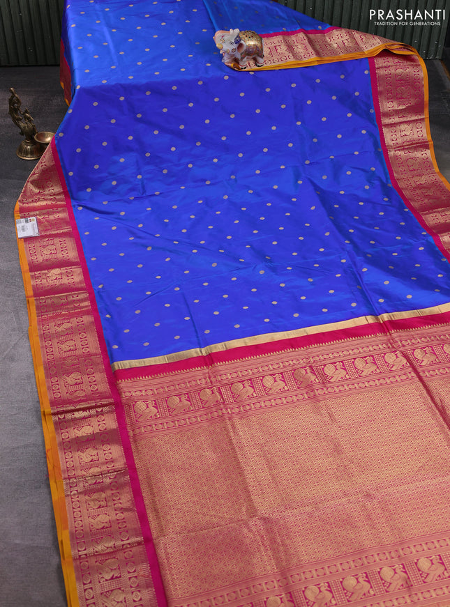 Narayanpet silk saree blue and yellow with allover zari woven buttas and zari woven korvai border