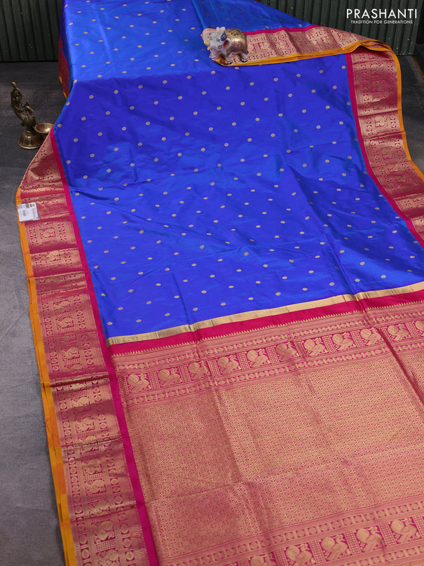 Narayanpet silk saree blue and yellow with allover zari woven buttas and zari woven korvai border