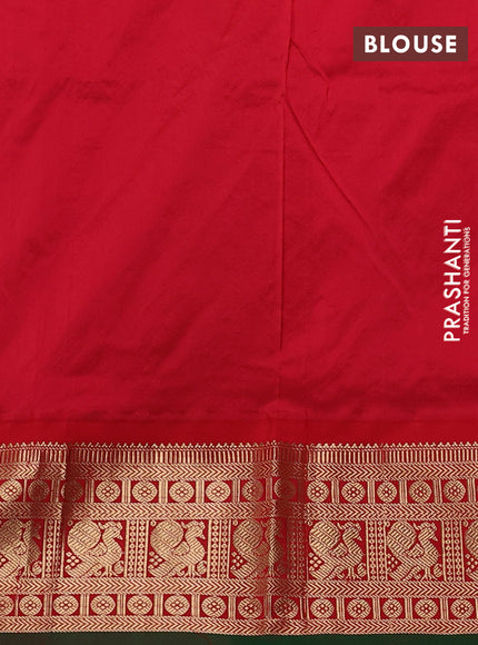 Narayanpet silk saree fluorescent green and red with allover zari woven buttas and zari woven korvai border