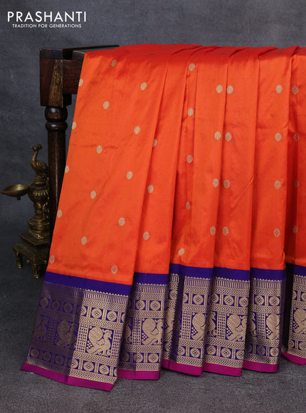Narayanpet silk saree orange and navy blue with allover zari woven buttas and zari woven korvai border