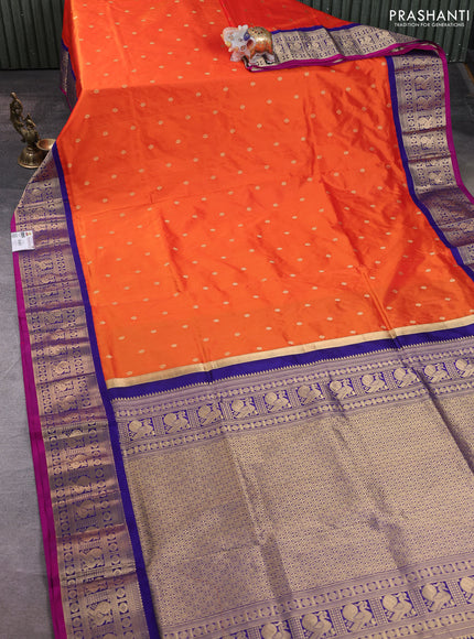 Narayanpet silk saree orange and navy blue with allover zari woven buttas and zari woven korvai border