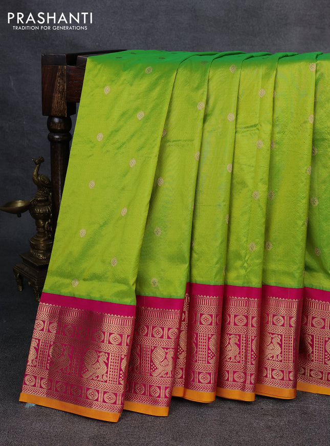 Narayanpet silk saree fluorescent green and pink with allover zari woven buttas and zari woven korvai border