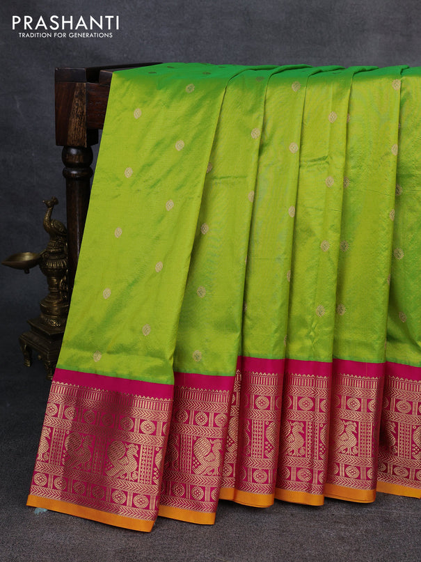 Narayanpet silk saree fluorescent green and pink with allover zari woven buttas and zari woven korvai border