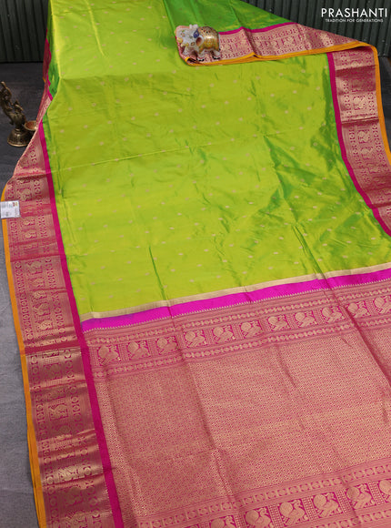 Narayanpet silk saree fluorescent green and pink with allover zari woven buttas and zari woven korvai border