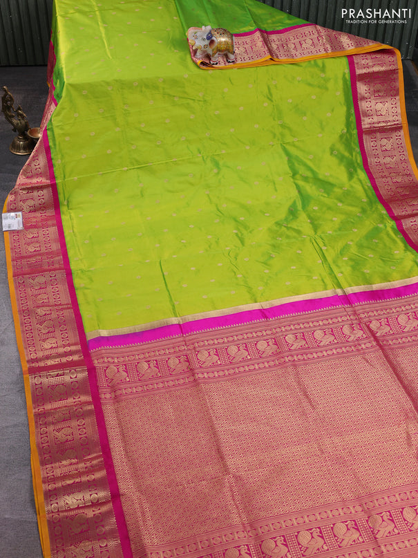 Narayanpet silk saree fluorescent green and pink with allover zari woven buttas and zari woven korvai border