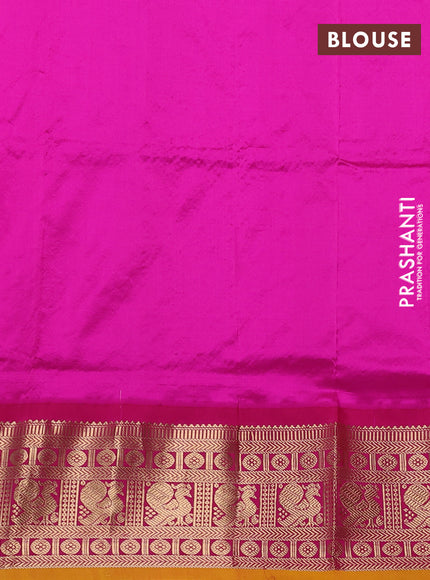 Narayanpet silk saree fluorescent green and pink with allover zari woven buttas and zari woven korvai border