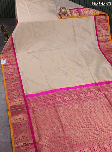 Narayanpet silk saree beige and pink with allover zari woven buttas and zari woven korvai border