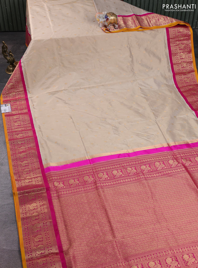 Narayanpet silk saree beige and pink with allover zari woven buttas and zari woven korvai border