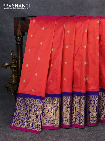Narayanpet silk saree red and blue with allover zari woven buttas and zari woven korvai border