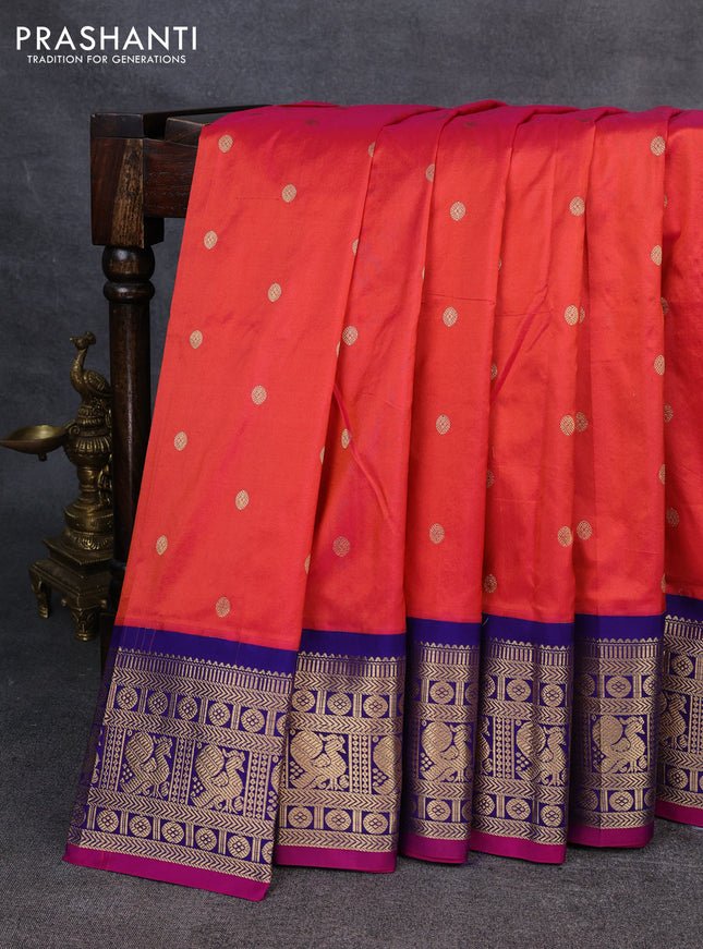 Narayanpet silk saree red and blue with allover zari woven buttas and zari woven korvai border
