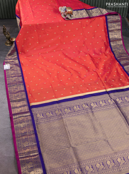 Narayanpet silk saree red and blue with allover zari woven buttas and zari woven korvai border