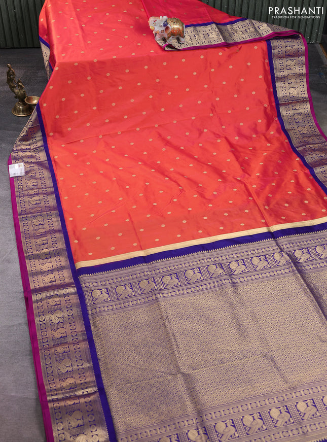 Narayanpet silk saree red and blue with allover zari woven buttas and zari woven korvai border