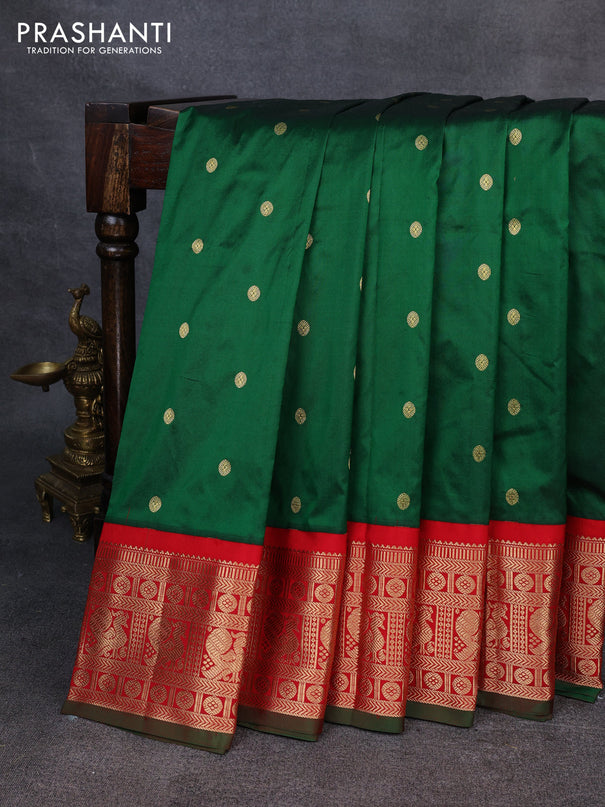 Narayanpet silk saree green and red with allover zari woven buttas and zari woven korvai border