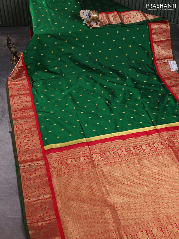Narayanpet silk saree green and red with allover zari woven buttas and zari woven korvai border
