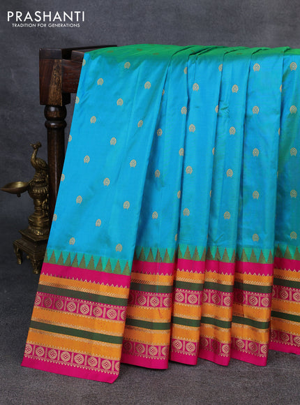 Narayanpet silk saree dual shade of greenish yellow and pink with allover zari woven buttas and temple design zari woven border