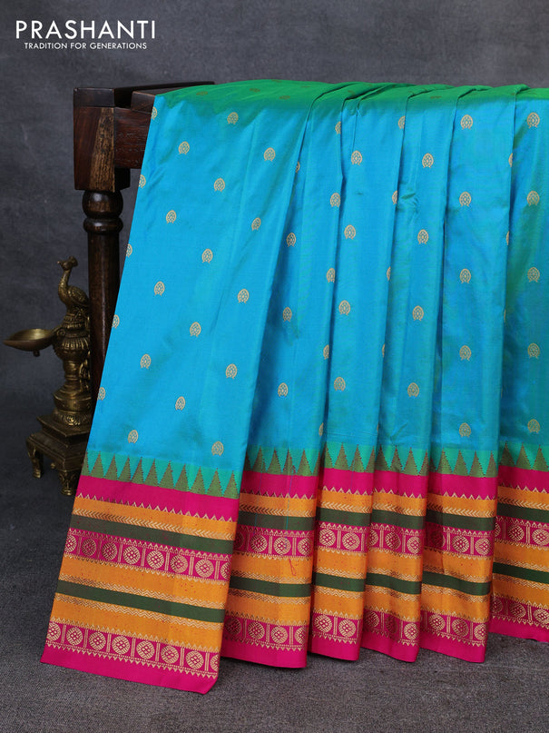 Narayanpet silk saree dual shade of greenish yellow and pink with allover zari woven buttas and temple design zari woven border