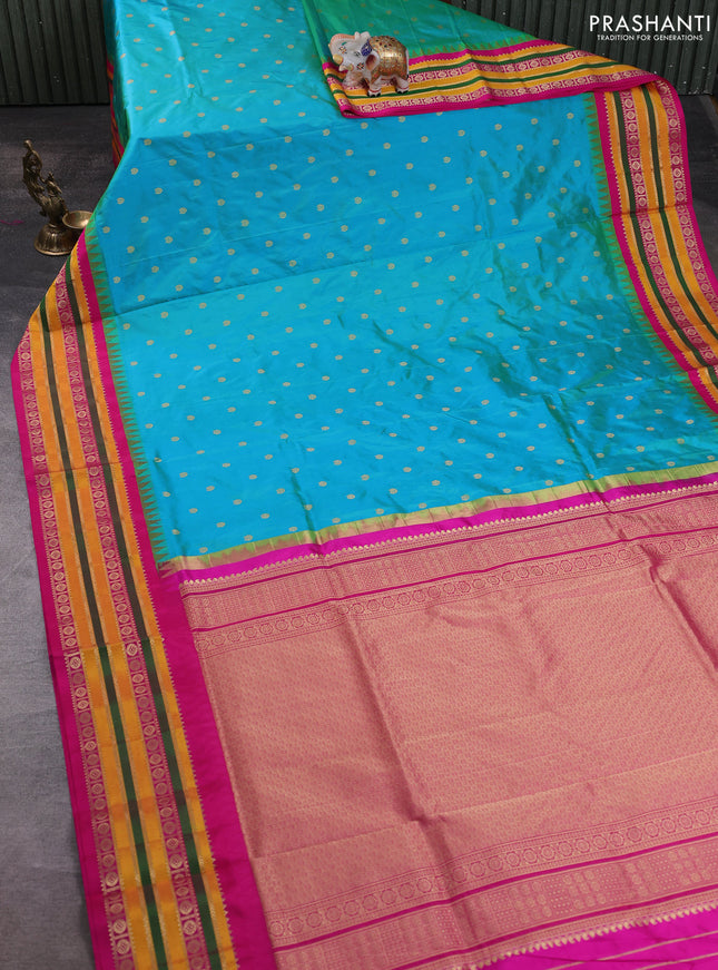 Narayanpet silk saree dual shade of greenish yellow and pink with allover zari woven buttas and temple design zari woven border