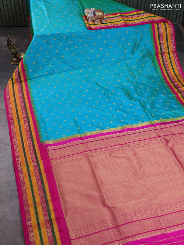 Narayanpet silk saree dual shade of greenish yellow and pink with allover zari woven buttas and temple design zari woven border