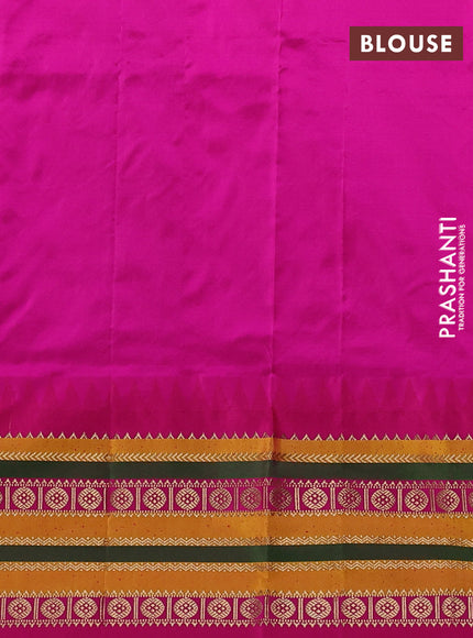 Narayanpet silk saree dual shade of greenish yellow and pink with allover zari woven buttas and temple design zari woven border