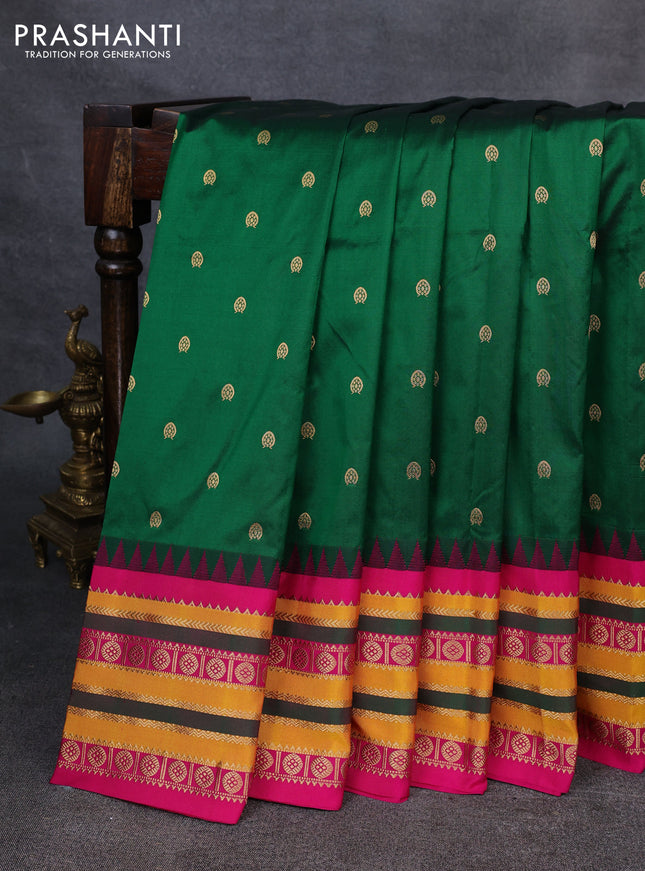 Narayanpet silk saree bottle green and pink with allover zari woven buttas and temple design zari woven border