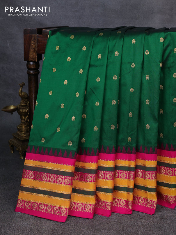 Narayanpet silk saree bottle green and pink with allover zari woven buttas and temple design zari woven border