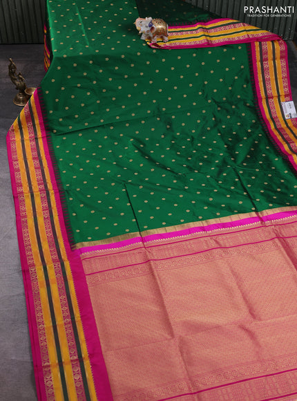 Narayanpet silk saree bottle green and pink with allover zari woven buttas and temple design zari woven border