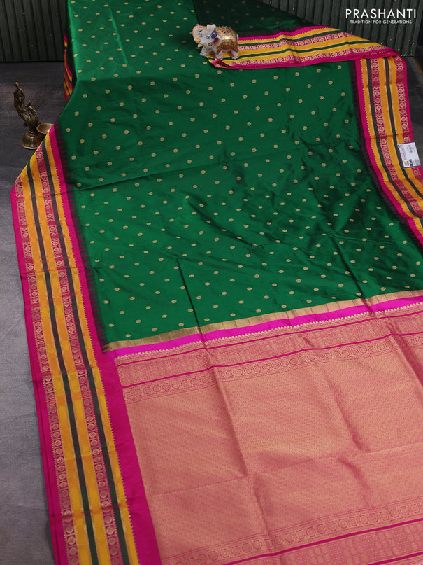 Narayanpet silk saree bottle green and pink with allover zari woven buttas and temple design zari woven border